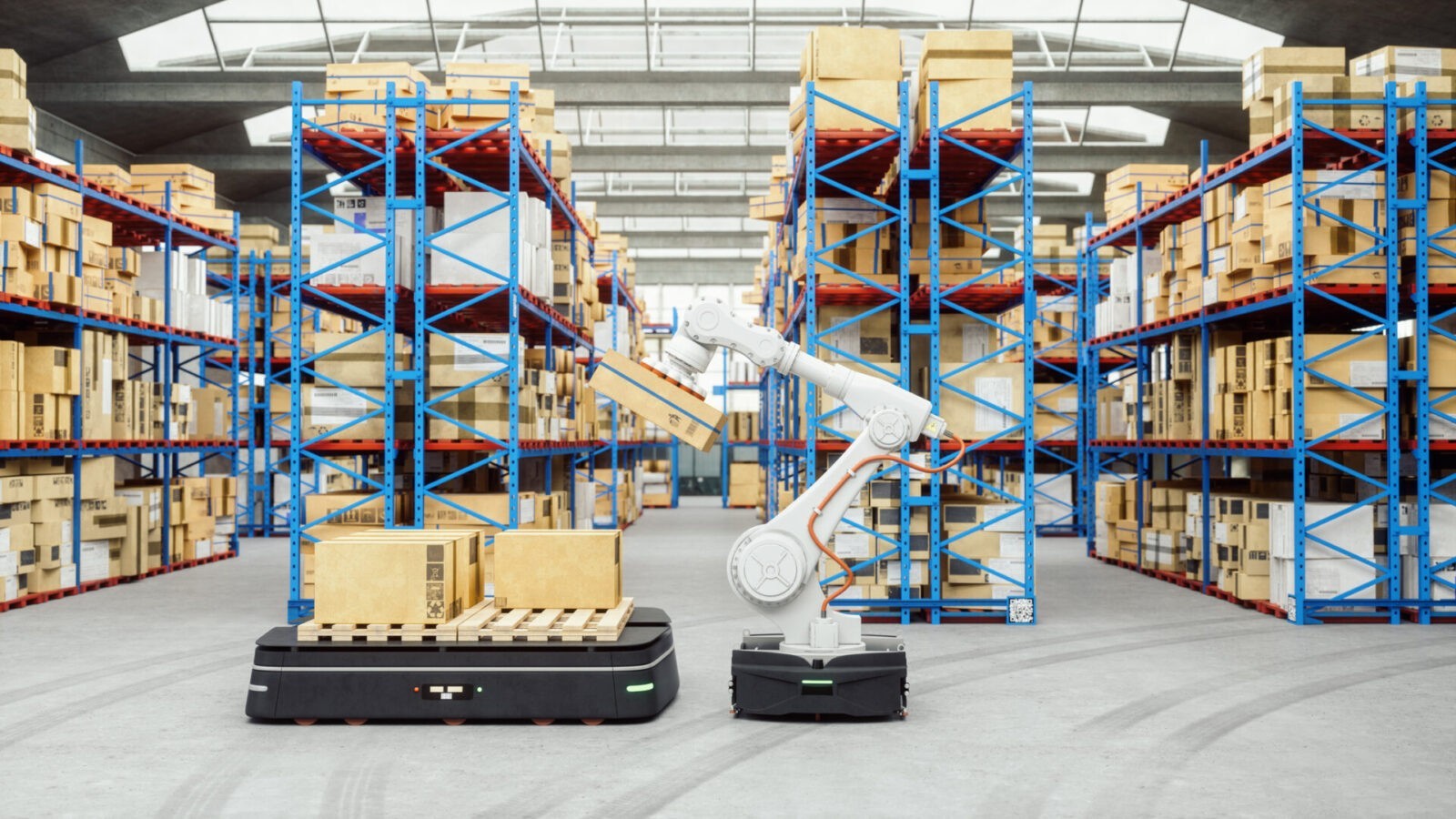 Robot carriers and robotic arm in modern distribution warehouse