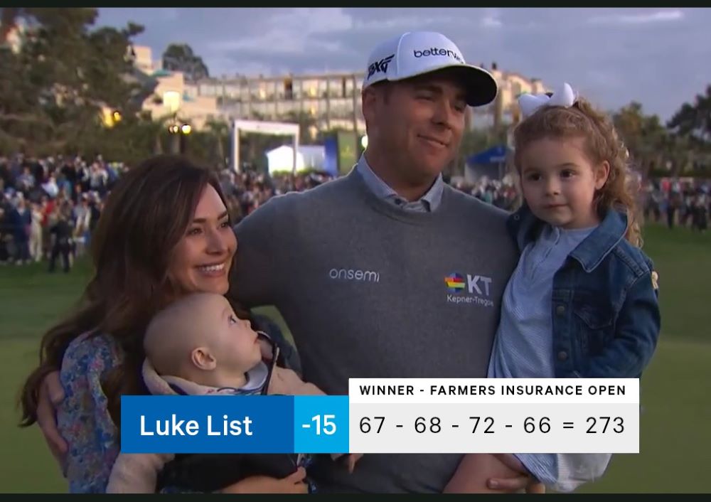 Luke List celebrating Farmers Insurance Open victory with his family