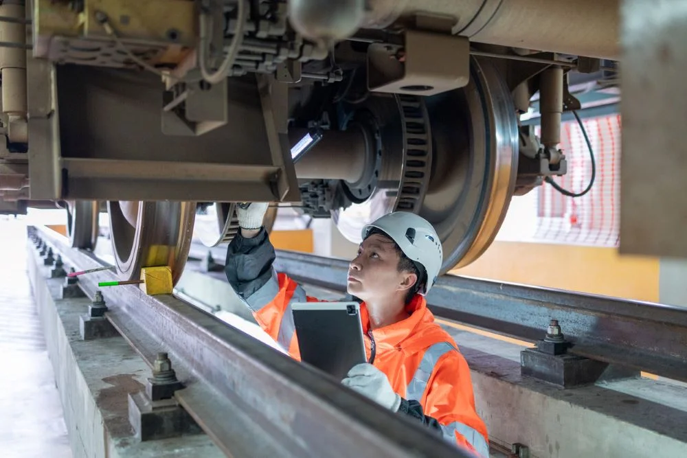 Railway maintenance engineer inspects train wheels